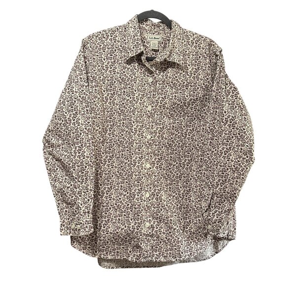 LL Bean women’s size L 100% cotton purple floral long sleeve button front top - Picture 1 of 7